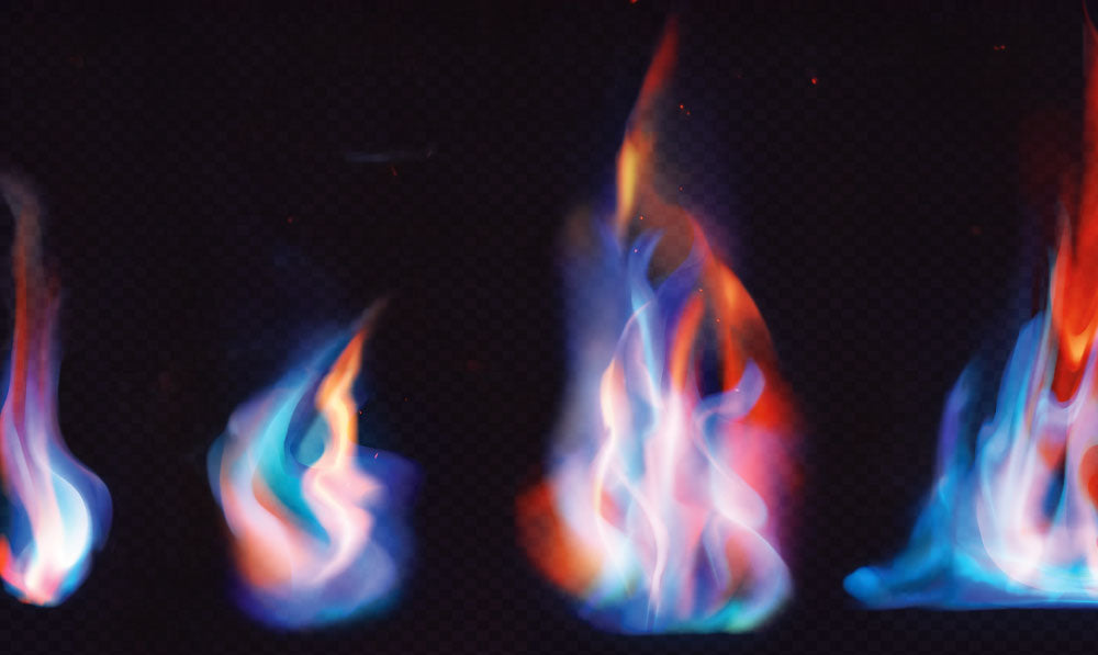 Colorful flames standing next to each other