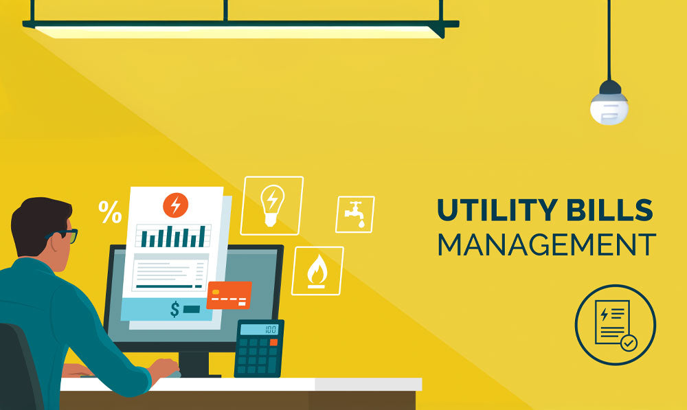 Graphic of Business Professional paying utility bill costs online