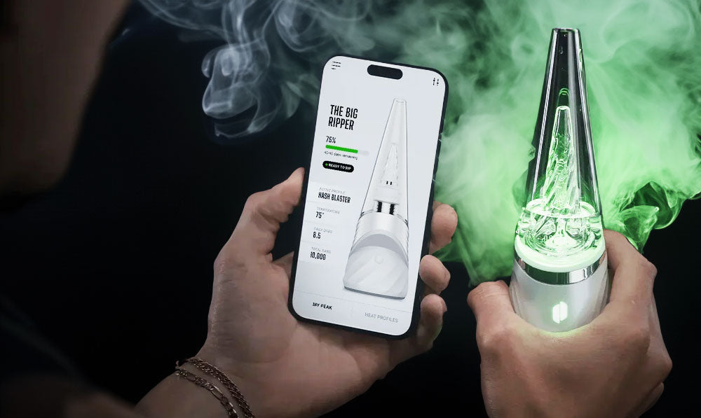 Man using Puffco Connect App over dark background with colorful smoke nearby