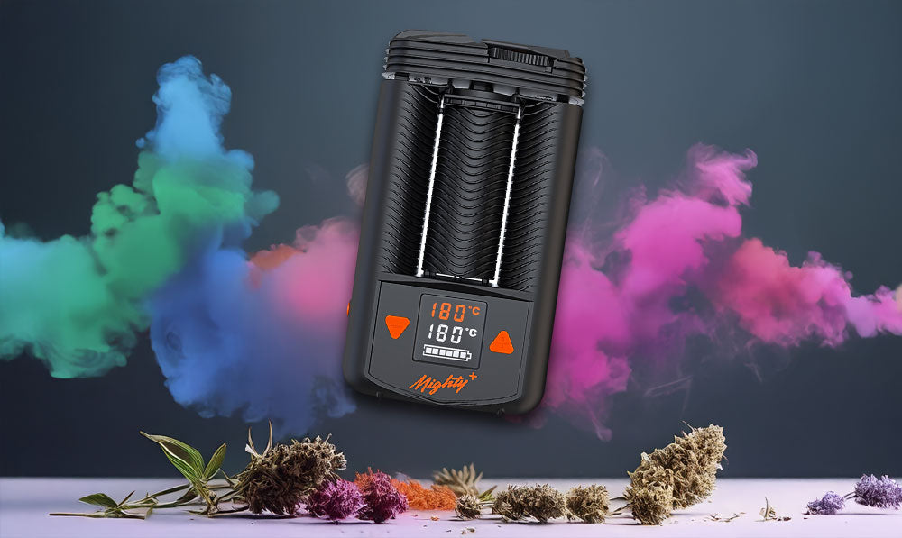 Mighty + over dark background with colorful smoke and dry herbs nearby