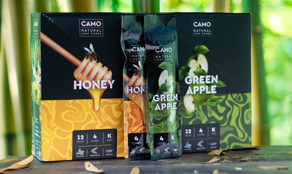 Camo Natural Leaf Cones 12pk with jungle background