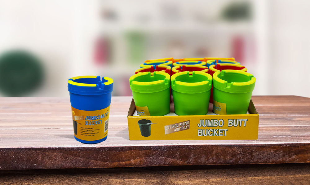 Jumbo Butt Bucket Ashtray 12pk sitting on table inside home