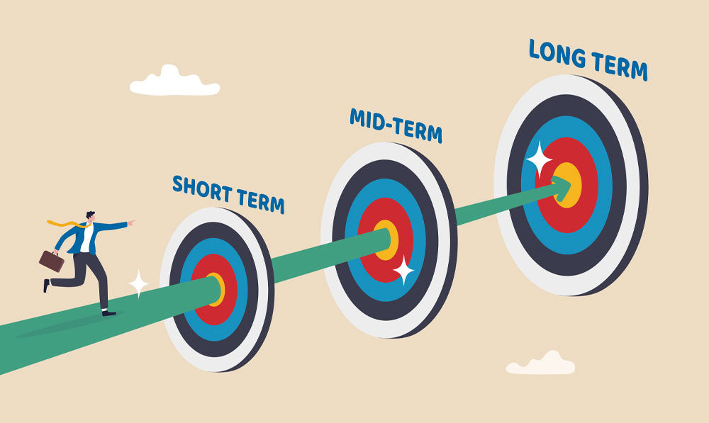Short and Long term goal illustration with tiny human and targets on tan background