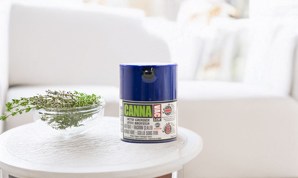 Tightpac Container with grinder on white coffee table with plant and couch