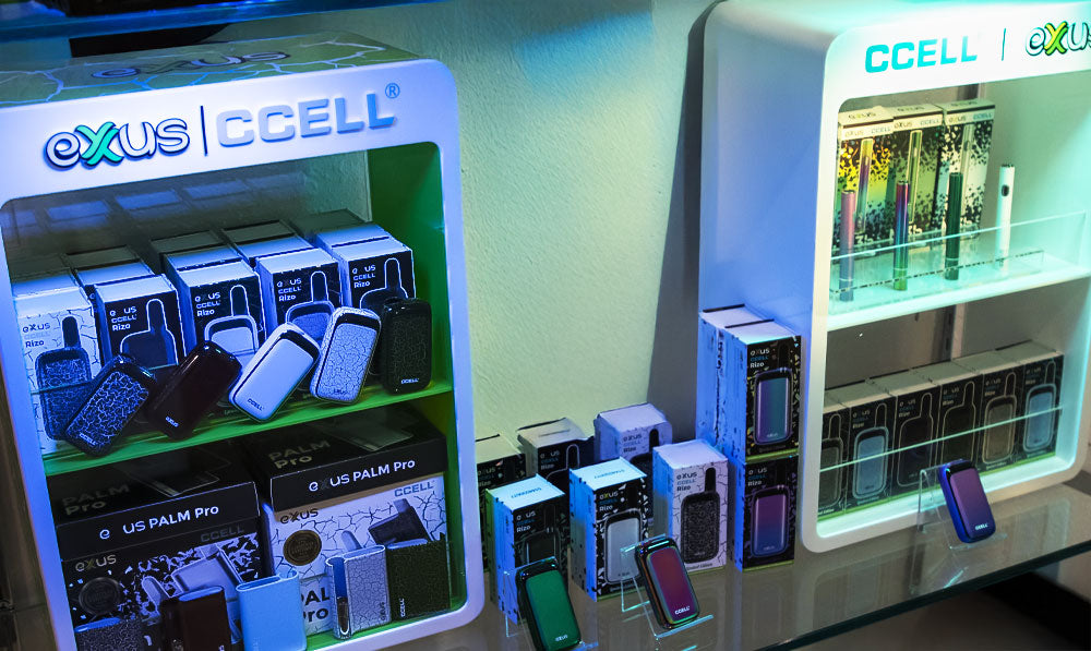 Exxus Display Cabinets against green display wall