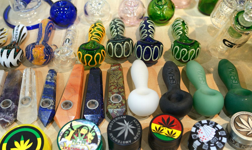 Closeup of smoke shop shelf stocked