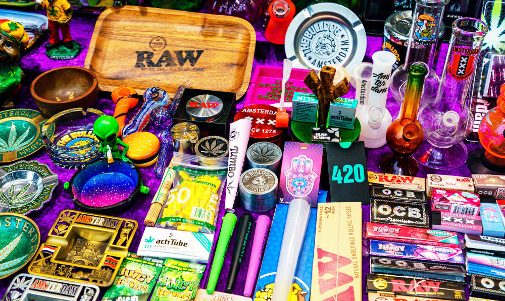 Closeup examples of top shelf products at a smoke shop