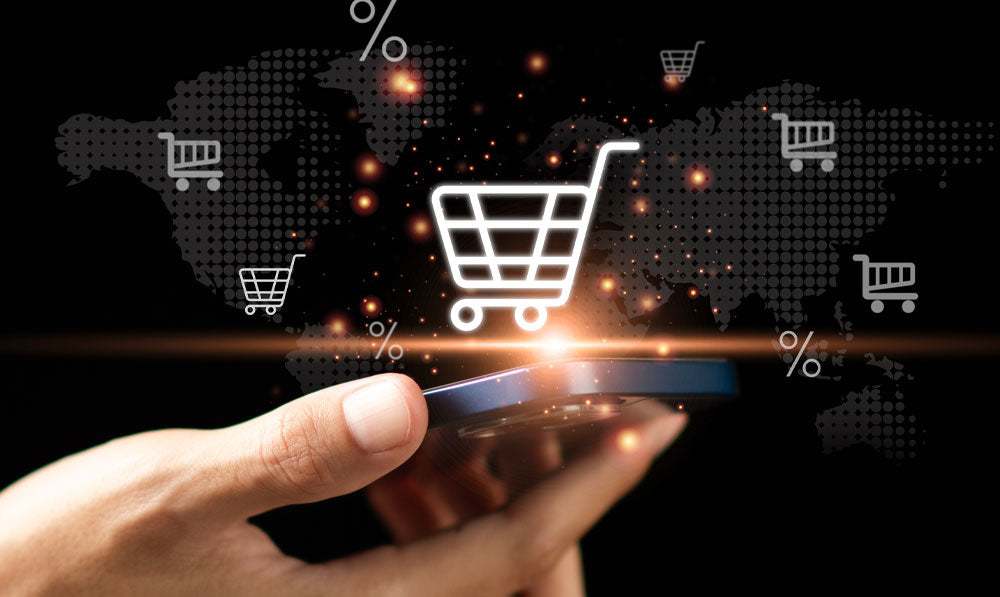 Palm holding glowing, floating shopping icon