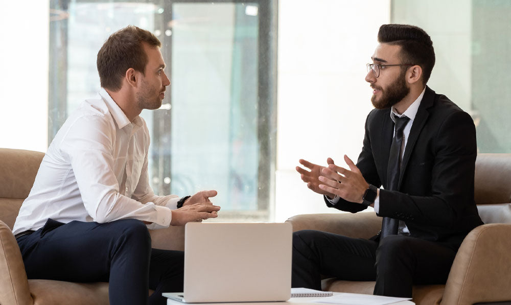 Company representative working out customer issues