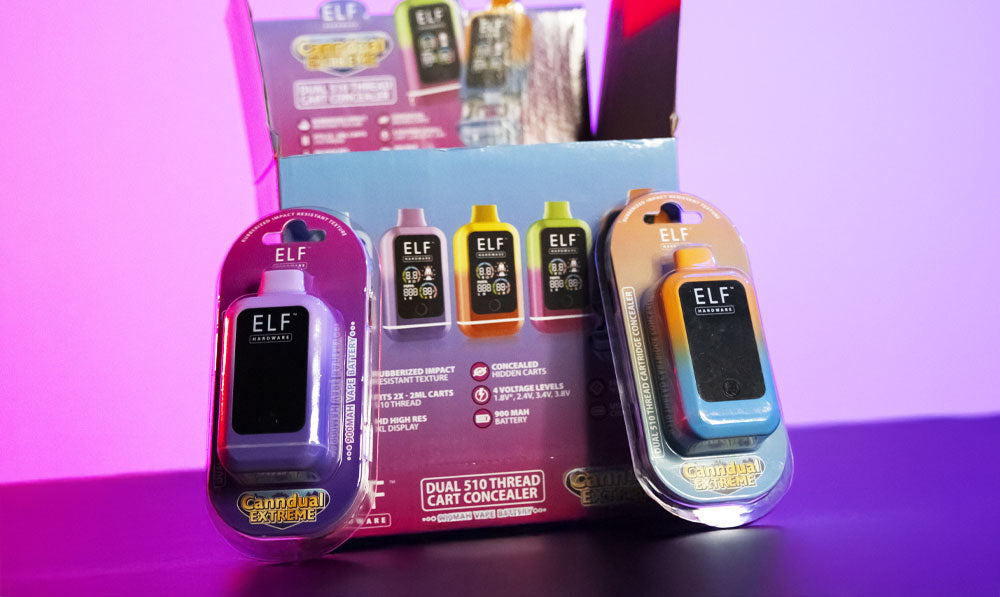 Elf CannDual box set on reflective surface with soft colorful lighting