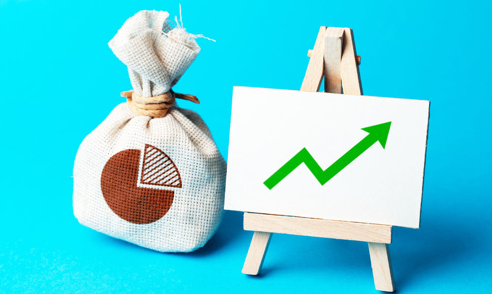 Profit bag sitting next to sign with an increasing arrow on a blue background