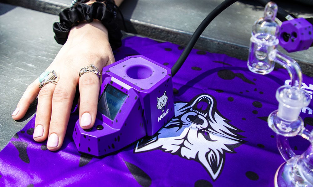 woman holding Wulf Dab Rite Pro at park bench