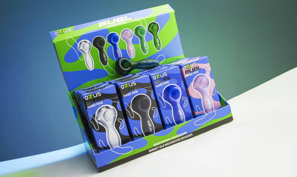 Exxus Bubl Hand Pipe 12pk on curved white display platform