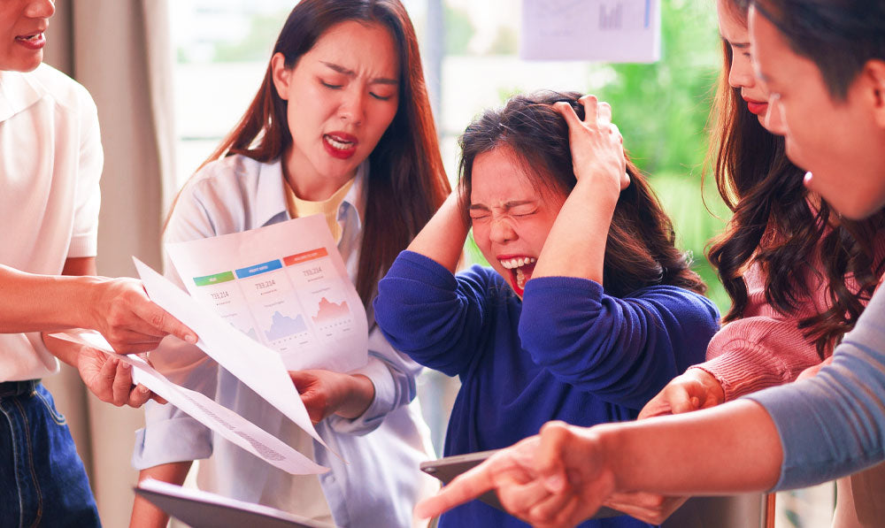 Frustrated employees assessing company stats