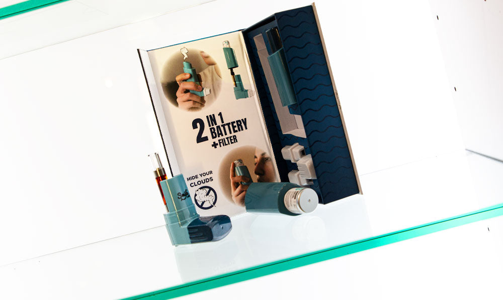 Smyle Inhaler on reflective glass display