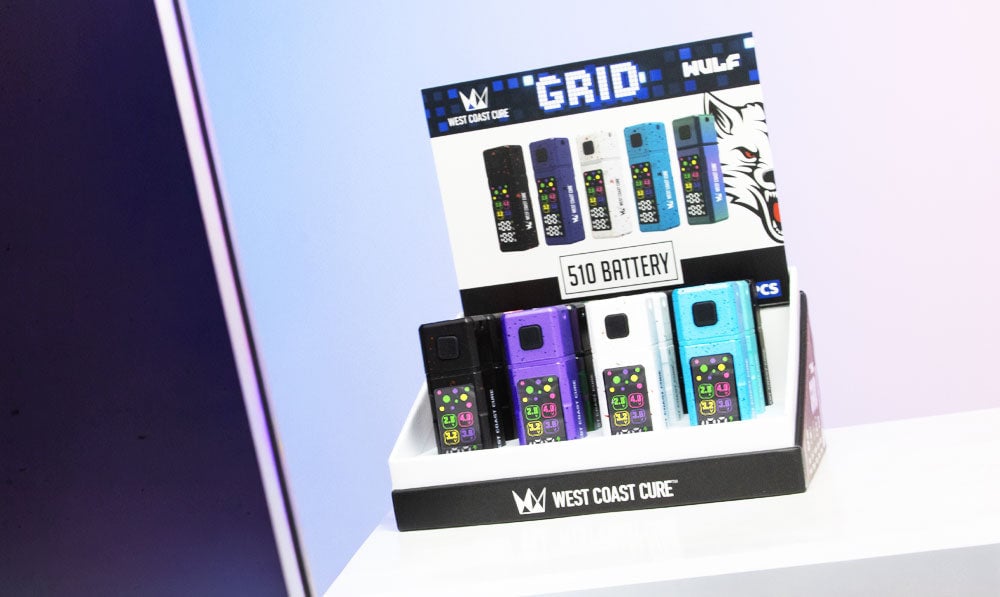 West Coast Grid on white surface with purple background