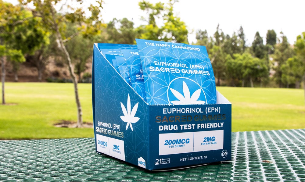 Sacred EPN retail display box on a patterned outdoor surface
