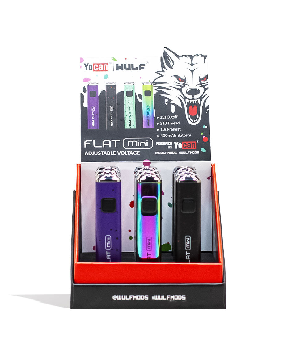 Wulf Mods Flat Mini 510 Thread Battery 9pk With Insert Card Front View on White Background