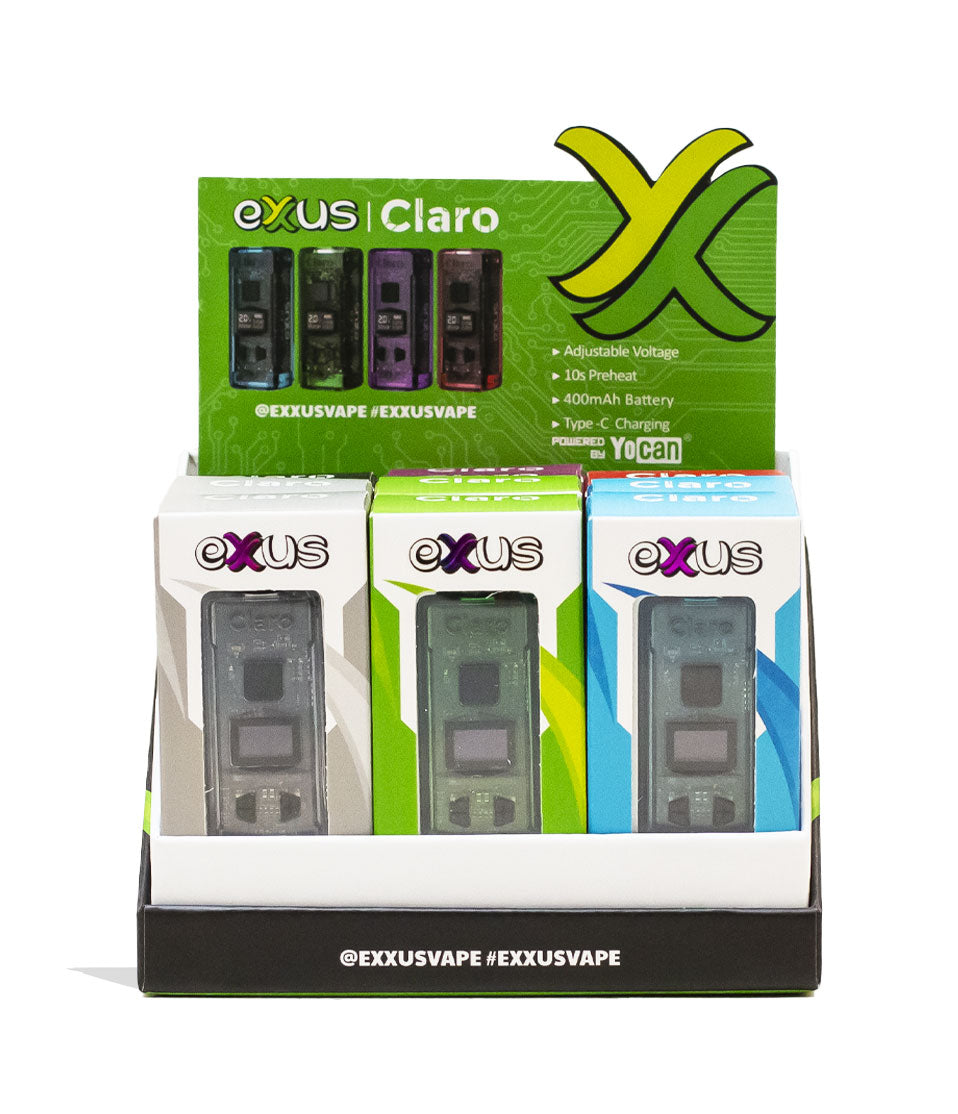 Exxus Vape Claro 510 Thread Battery 12pk Box Open Front View with card on White Background