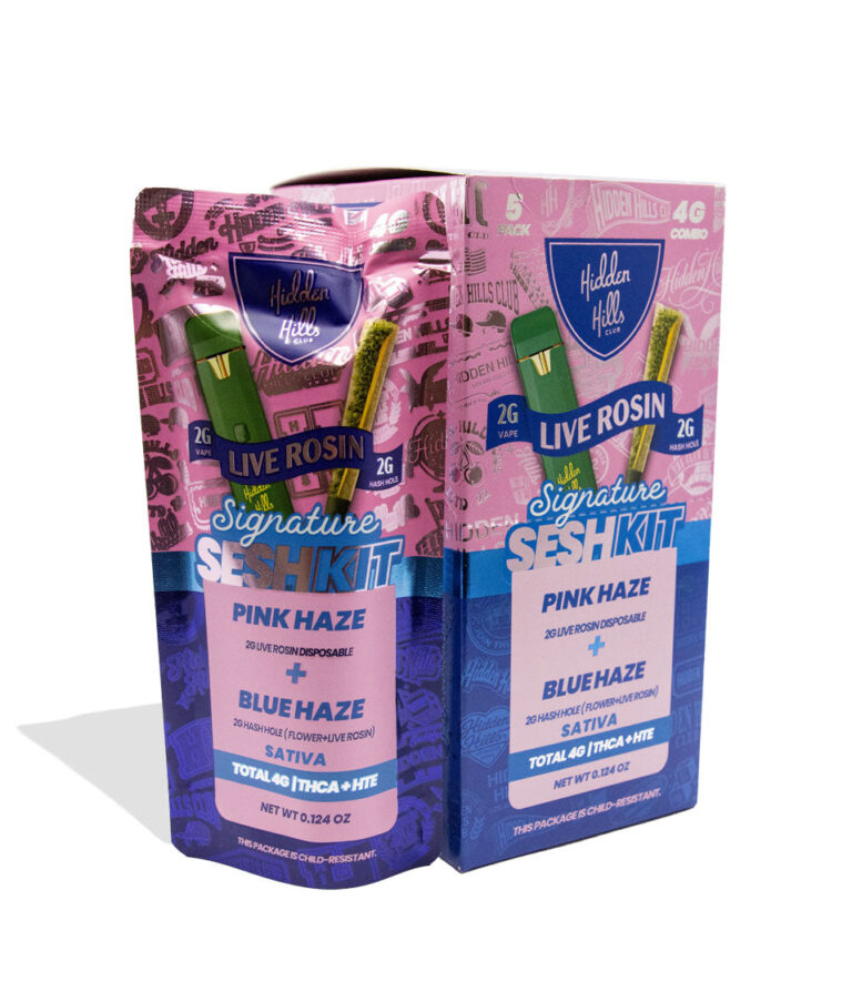 Hidden Hills Sesh Kit 2g Live Rosin Disposable + 2g Hash Hole Pre Roll 5pk Pink Haze + Blue Haze on white background