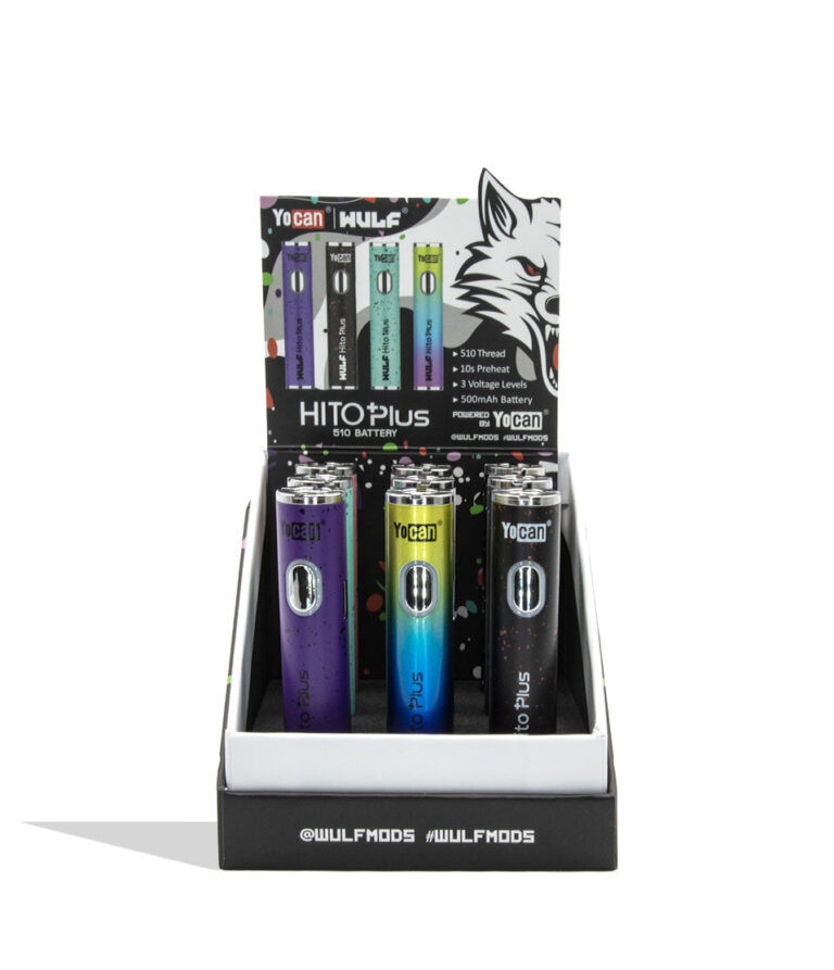 A retail display box containing nine Yocan x WULF Hito Plus 510 batteries in different colorways (purple, blue/yellow gradient, and black) with a branded cardboard backing card featuring a wolf graphic on a white background.