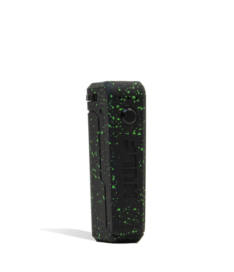 Black Green Spatter Right side view Wulf Mods UNI Adjustable 510 Thread Battery on white studio background