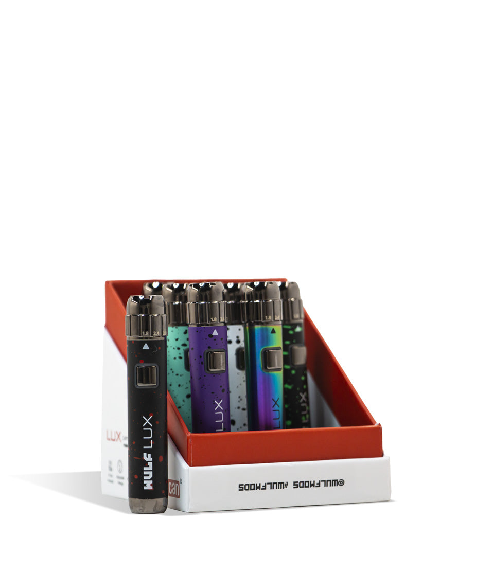 Side open Wulf Mods LUX 510 Thread Battery 9pk on white background