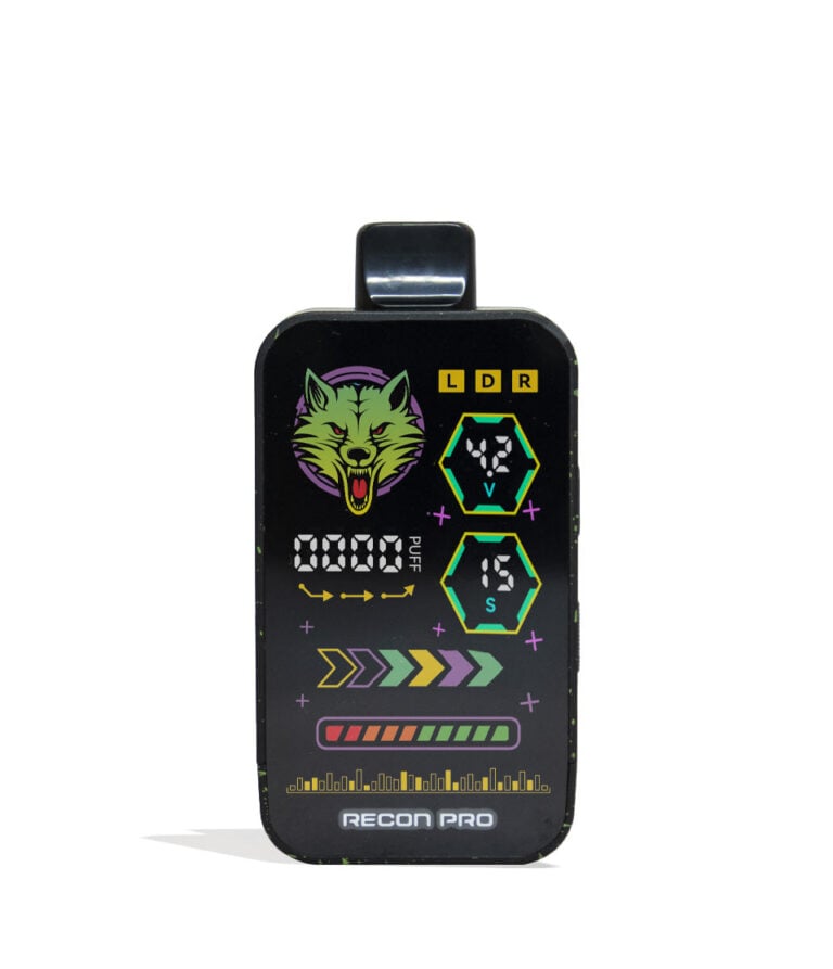 Black Green Spatter Wulf Mods Recon Pro Dual 510 Voltage Battery 9pk Front View on White Background