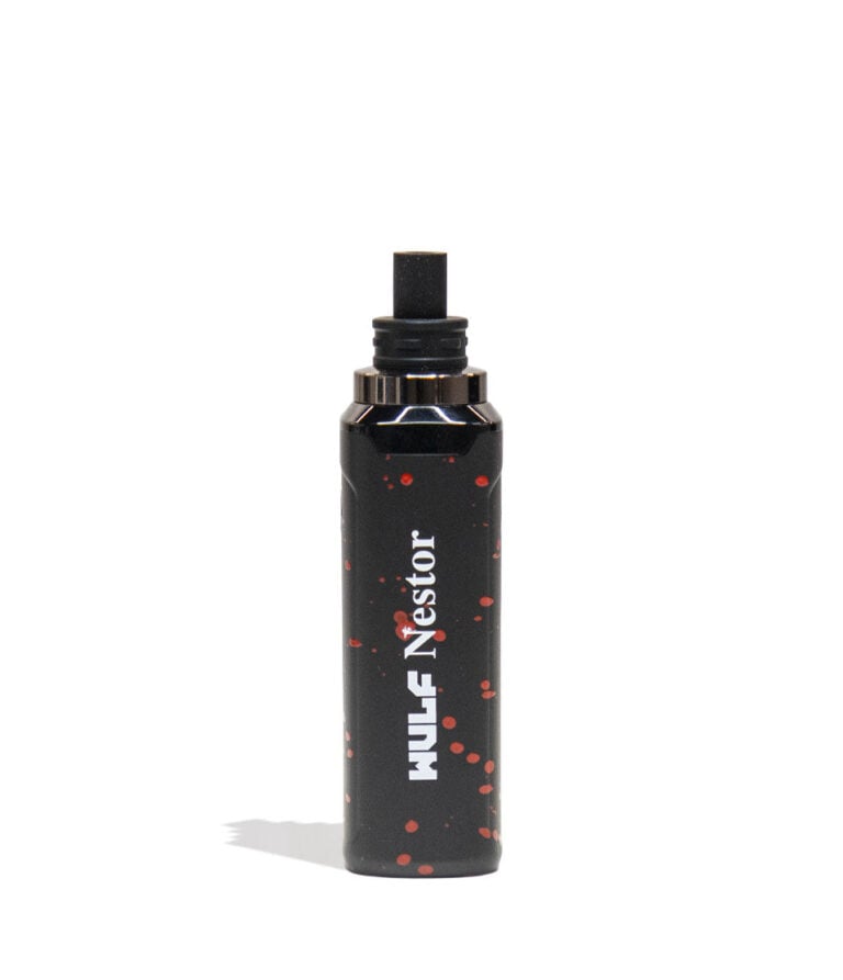 Black Red Spatter Wulf Mods Nestor Portable Concentrate Vaporizer Back View on White Background