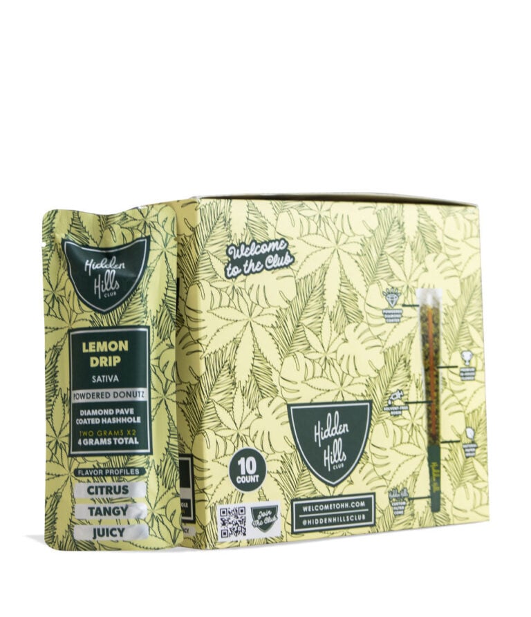 Lemon Drip Hidden Hills Powdered Donutz THC-A Diamond Pave Coated Hashole 2g 2pk Pre Roll 10pk on white background