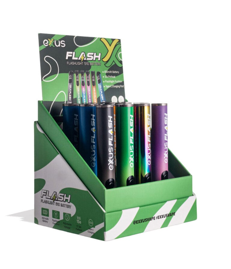 Exxus Vape Flash Flashlight and 510 Variable Voltage Battery 12pk Angle View on White Background