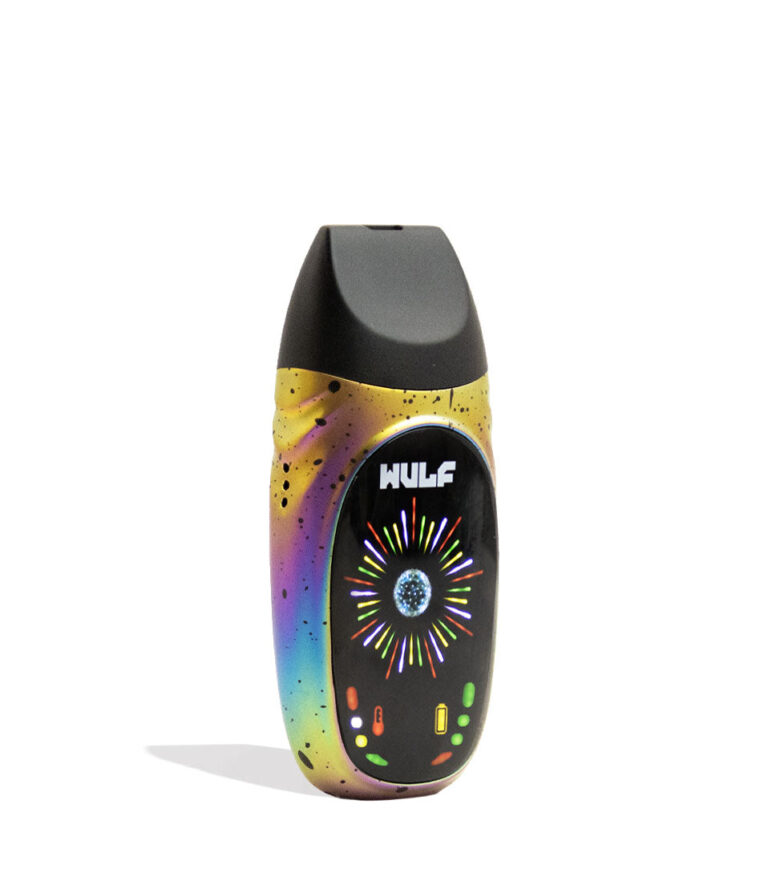 Full Color Spatter Wulf Mods Faze Portable Dry Herb Vaporizer Angle View on White Background