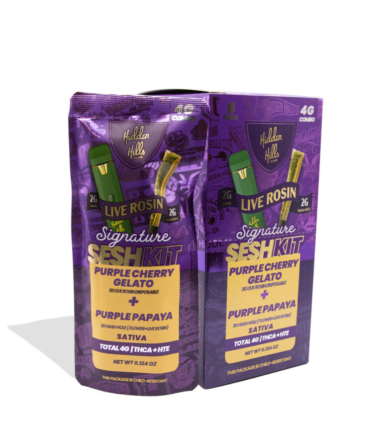Hidden Hills Sesh Kit 2g Live Rosin Disposable + 2g Hash Hole Pre Roll 5pk Purple Cherry Gelato + Purple Papaya on white background