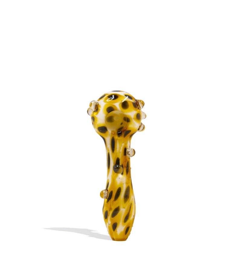 Yellow Empire Glassworks Assorted Psychedelic Spoon Handpipe 4pk on white background