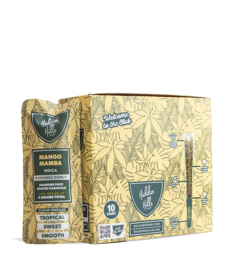 Mango Mamba Hidden Hills Powdered Donutz THC-A Diamond Pave Coated Hashole 2g 2pk Pre Roll 10pk on white background