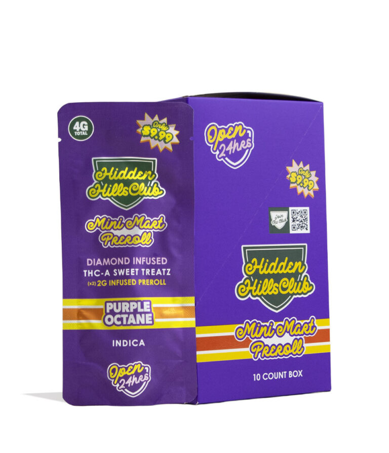 Purple Octane Hidden Hills Mini Mart 2g Preroll Diamond Infused THC-A 2pk, 5pk Front View on White Background