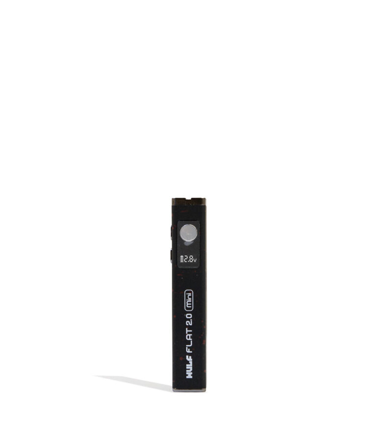 Black Red Spatter Wulf Mods Flat Mini 2.0 Variable Voltage Battery 9pk Front View on White Background