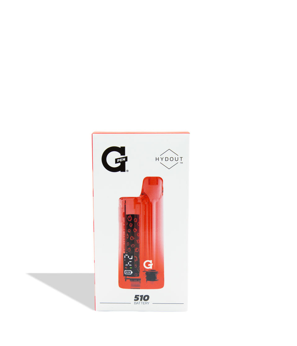Red vape pen with packaging featuring the brand 'G' on a white background