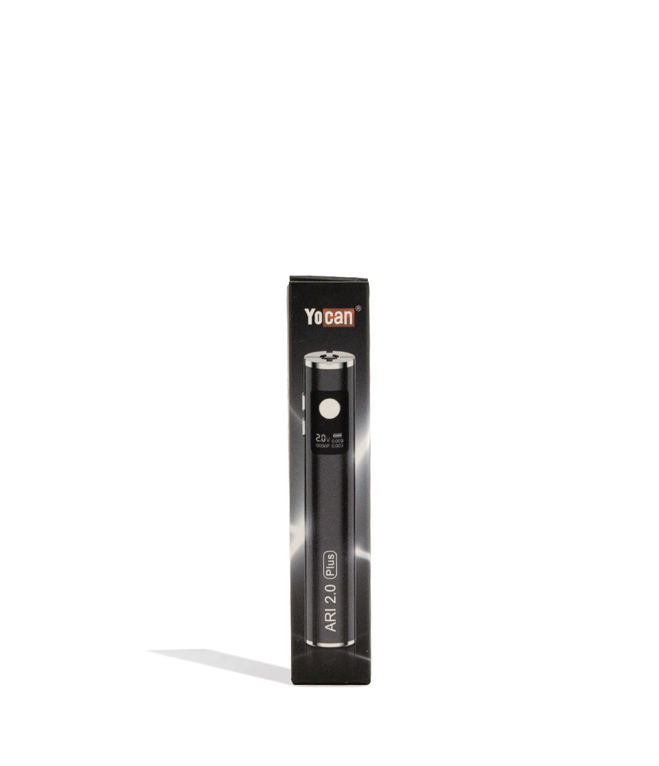 Black Yocan Ari Plus 2.0 Variable Voltage Battery 15pk Packaging Front VIew on White Background