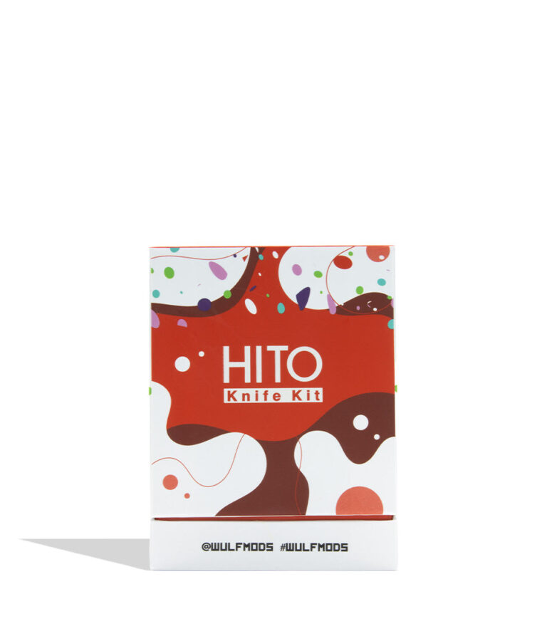 A product box for the HITO Knife Kit by WULFMODS, featuring a red and white design with abstract chocolate-like swirls and colorful confetti details, set against a plain white background.