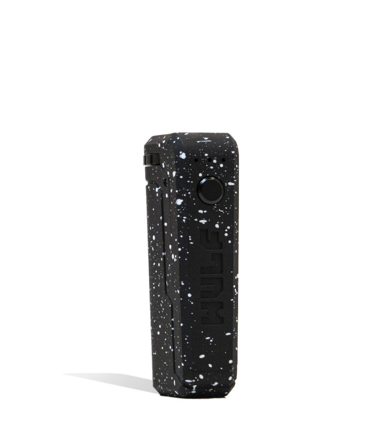 Black White Spatter Right side view Wulf Mods UNI Adjustable 510 Thread Battery on white studio background