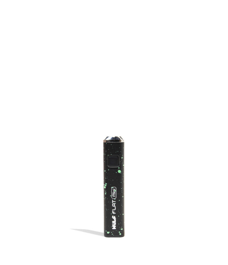 Black Green Spatter Wulf Mods Flat Mini 510 Thread Battery 9pk Front View on White Background