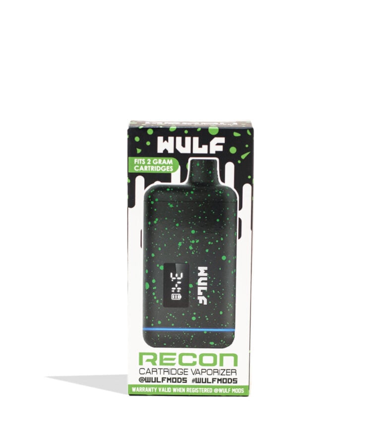 Black Green Spatter Wulf Mods Recon 510 Thread Battery 9pk Packaging Front View on White Background