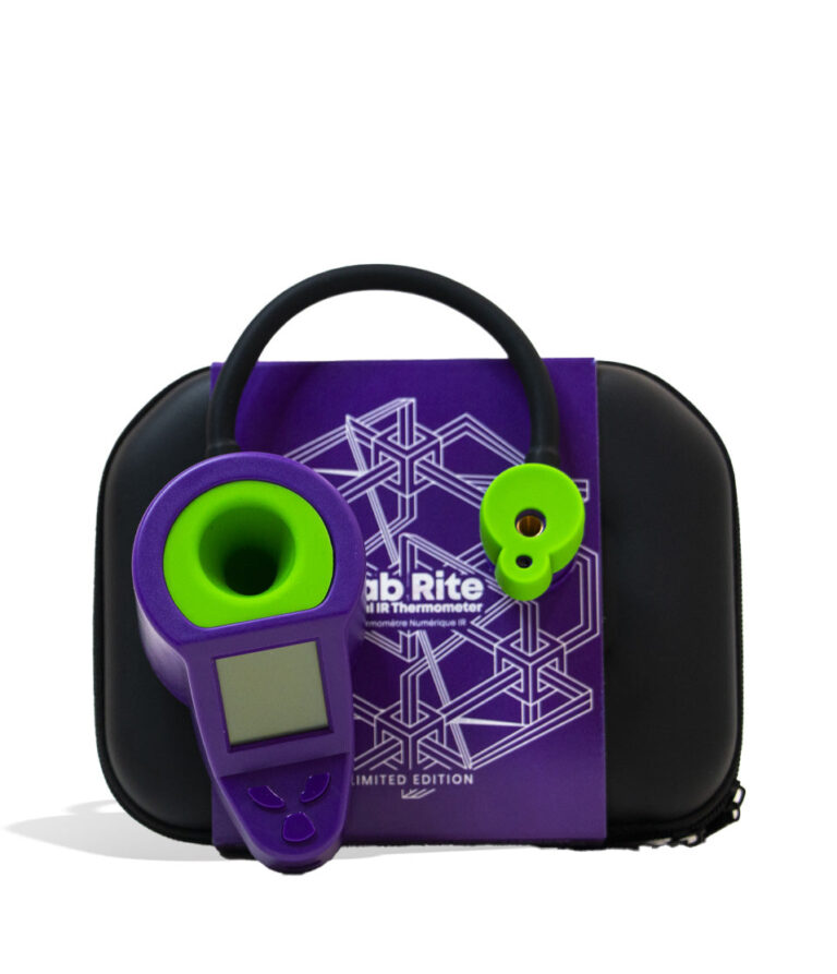 Exploding Green Dab Rite Digital IR Thermometer on white background