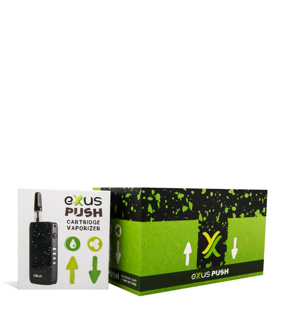 Black Green Spatter w/single pack Exxus Vape Push 510 Thread Battery 12pk on white background