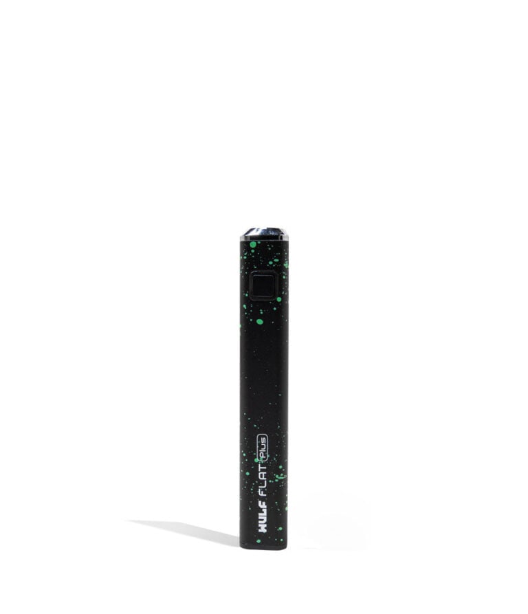 Black Green Spatter Wulf Mods Flat Plus 510 Thread Battery 12pk on white background