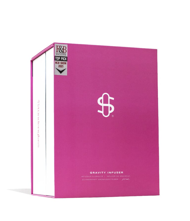 Stundenglass Pink Gravity Infuser Packaging Angle View on White Background
