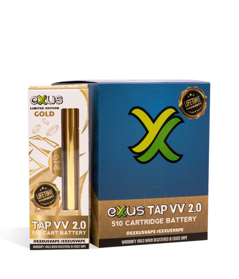 Gold Exxus Vape Tap VV 2.0 510 Thread Battery 12pk on white background