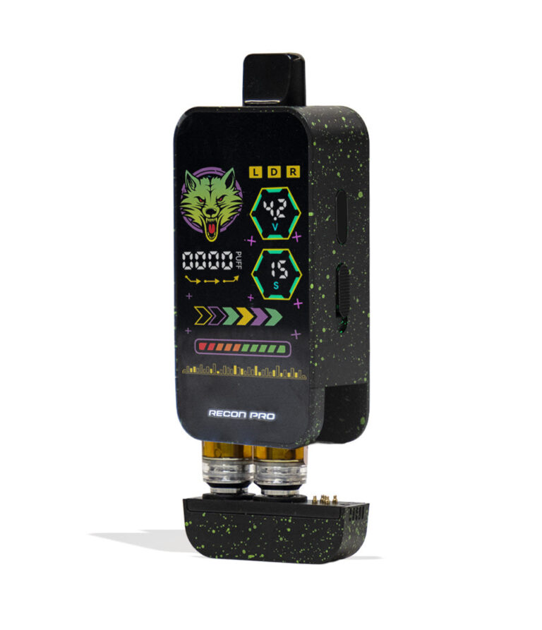 Black Green Spatter Wulf Mods Recon Pro Dual 510 Voltage Battery 9pk Apart View on White Background