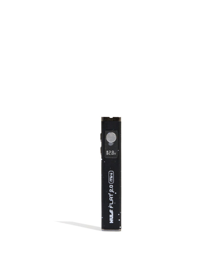 Black White Spatter Wulf Mods Flat Mini 2.0 Variable Voltage Battery 9pk Front View on White Background